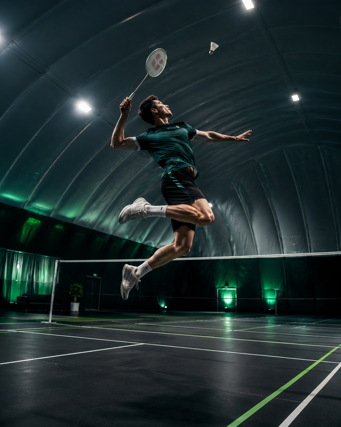 Badminton player leaping for an overhead smash inside an indoor sports dome, architectural rendering