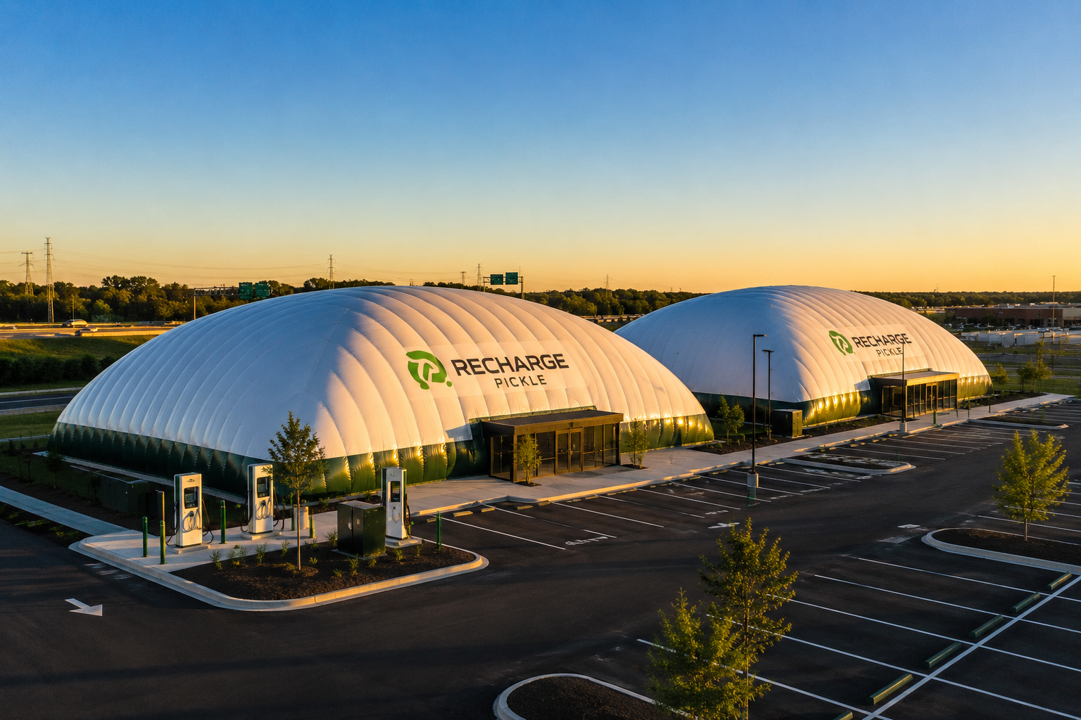 Two white sports domes with on-site parking and EV charging stations near Hwy 401 and Hwy 27 in Etobicoke at sunset, architectural rendering